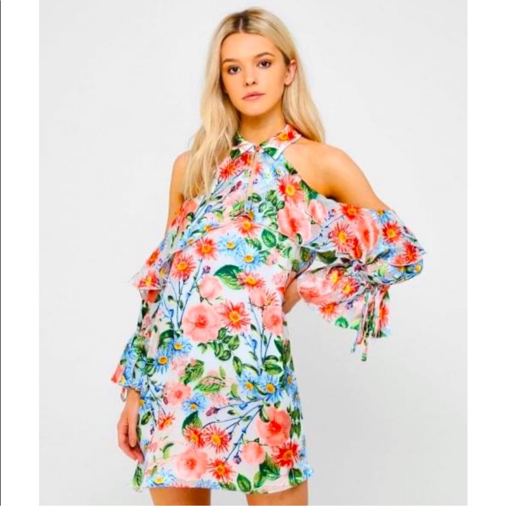 Alice + Olivia Chiffon Silk Blend Cold Shoulder Dress Floral Fields Ruffle M